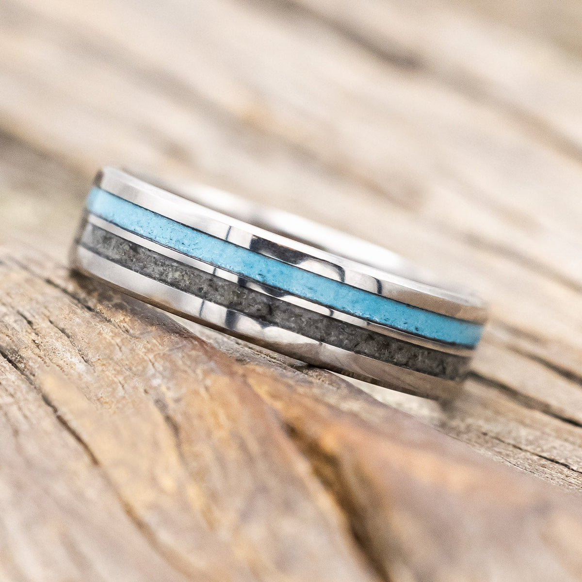 "Cosmo" - Moonstone & Turquoise Wedding Band (6mm) - Titanium - Size 8