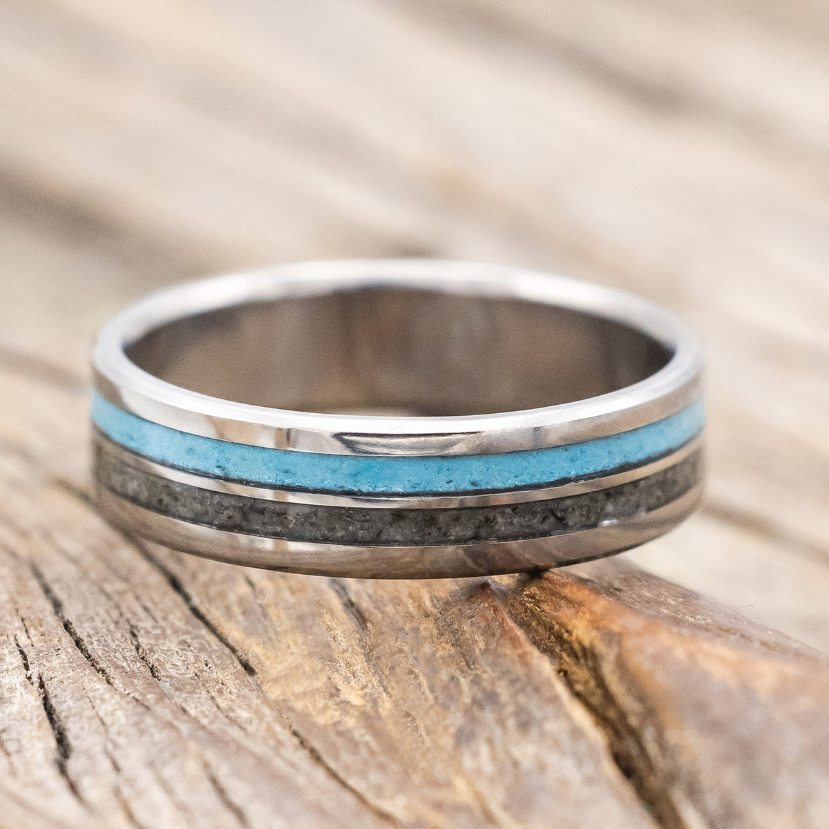 "Cosmo" - Moonstone & Turquoise Wedding Band (6mm) - Titanium - Size 8