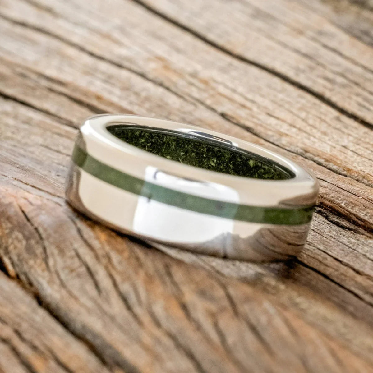 "Vertigo" - Moss Inlay & Lining Wedding Ring - Titanium (8mm) - Size  8 3/4