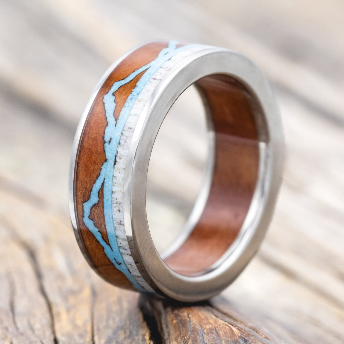 "The Expedition" - Mountain Engraved Wedding Ring With Redwood, Turquoise & Antler - Titanium - Size 9 3/4