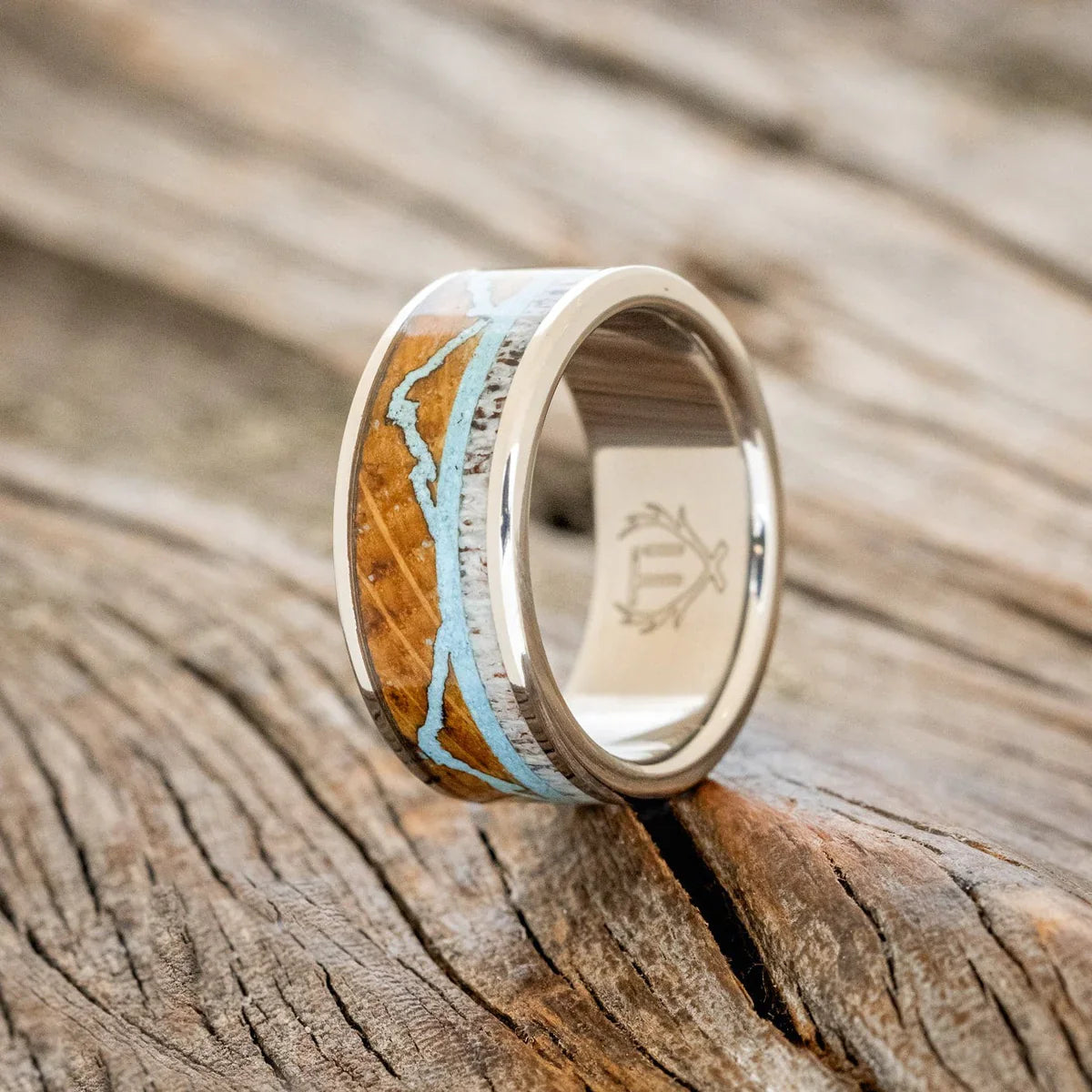"The Expedition" - Mountain Engraved Wedding Ring With Whiskey Barrel Oak, Turquoise & Antler - Titanium (8mm) - Size 11 3/4