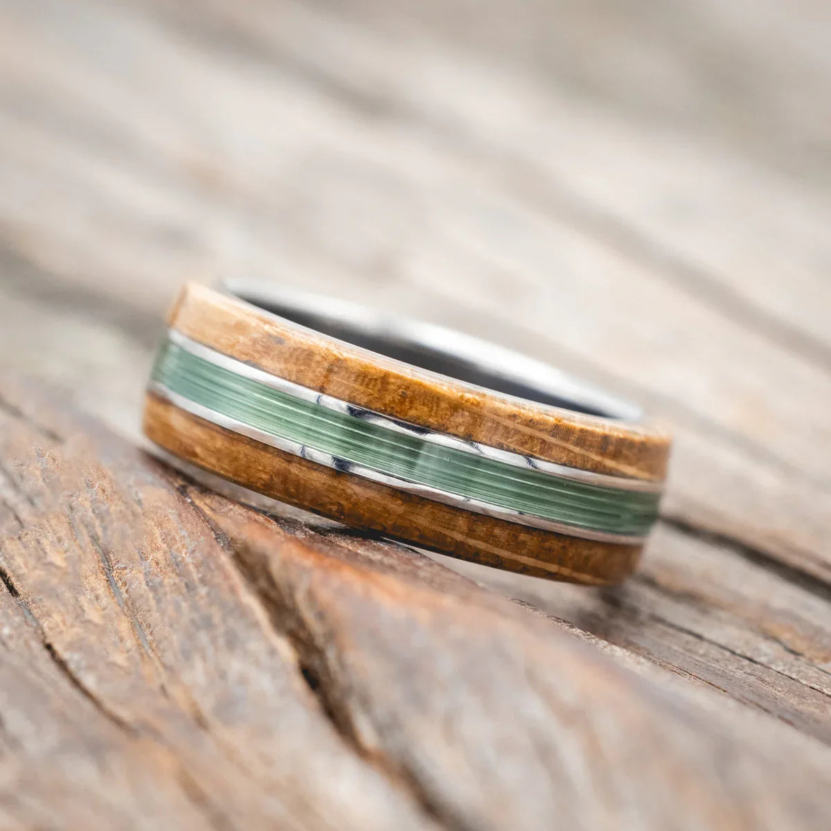 "Glen" - Whiskey Barrel Oak & Fishing Line Wedding Ring - Titanium (8mm) - Size 7 1/2