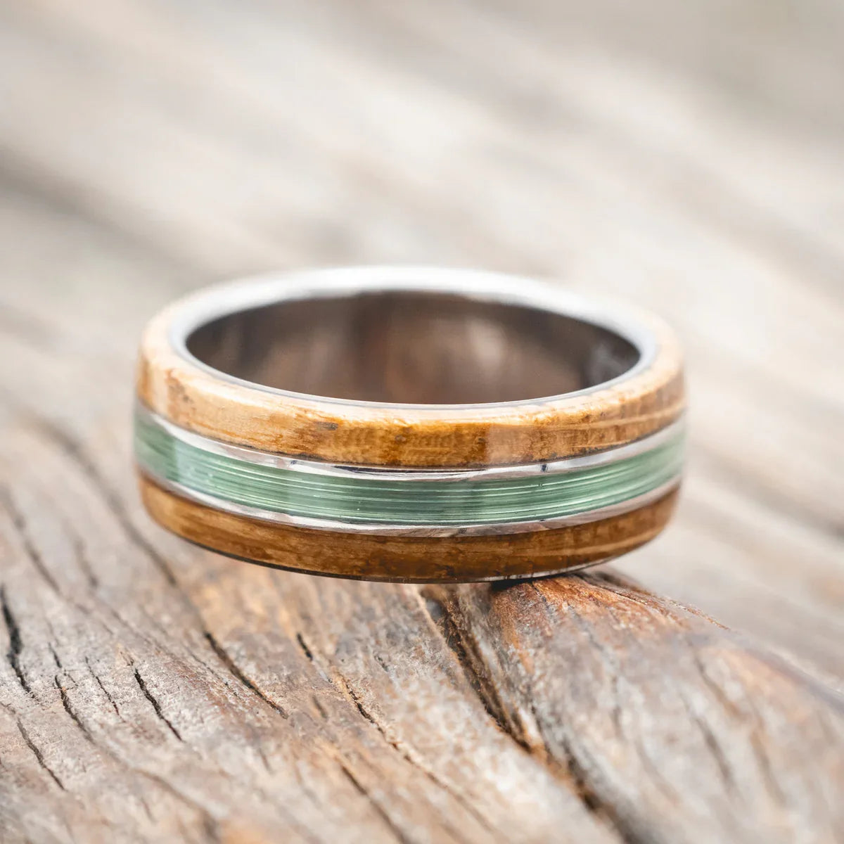 "Glen" - Whiskey Barrel Oak & Fishing Line Wedding Ring - Titanium (8mm) - Size 10