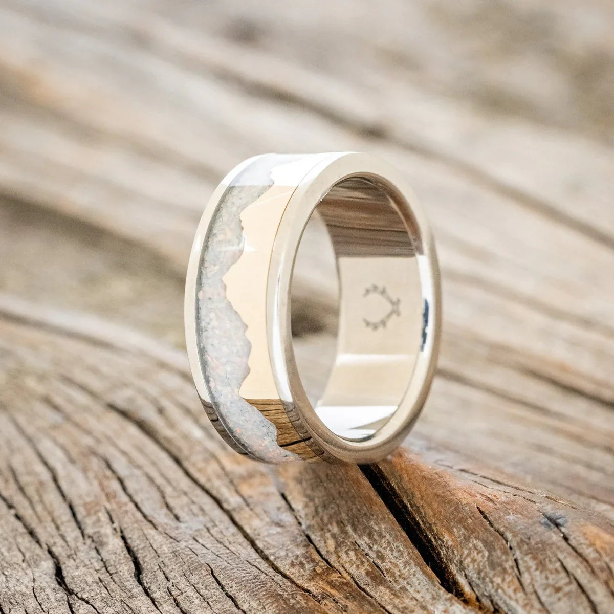 "Helios" - 14K Gold Andes Mountain Range With Fire And Ice Opal Inlay Wedding Band - Titanium (8mm) - Size 9