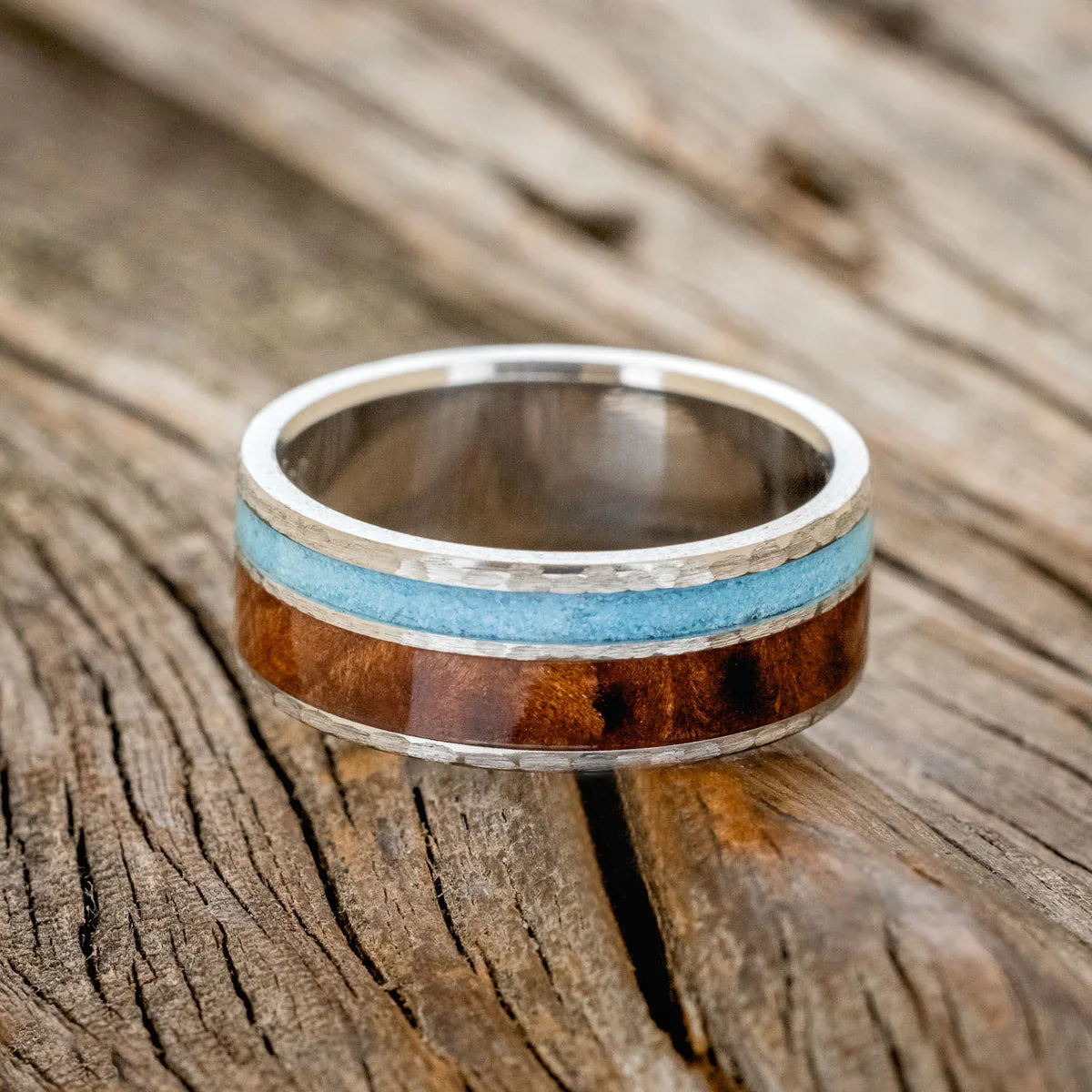 "Raptor" - Redwood & Turquoise Wedding Ring - Titanium (8mm) - Size 8 3/4