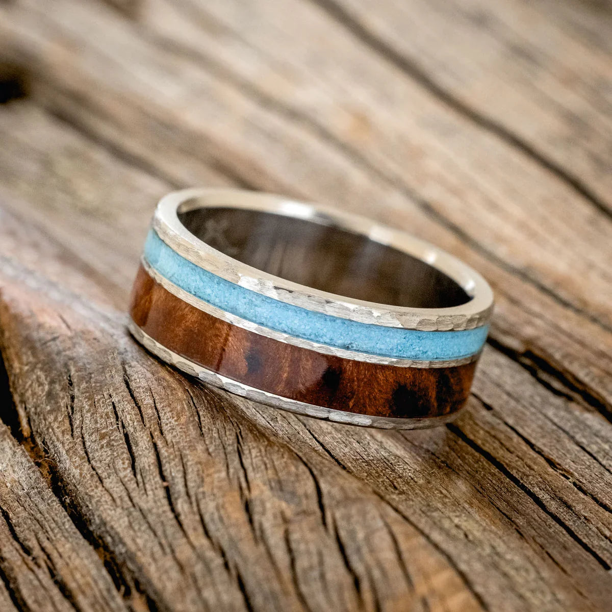 "Raptor" - Redwood & Turquoise Wedding Ring - Titanium (8mm) - Size 8 3/4
