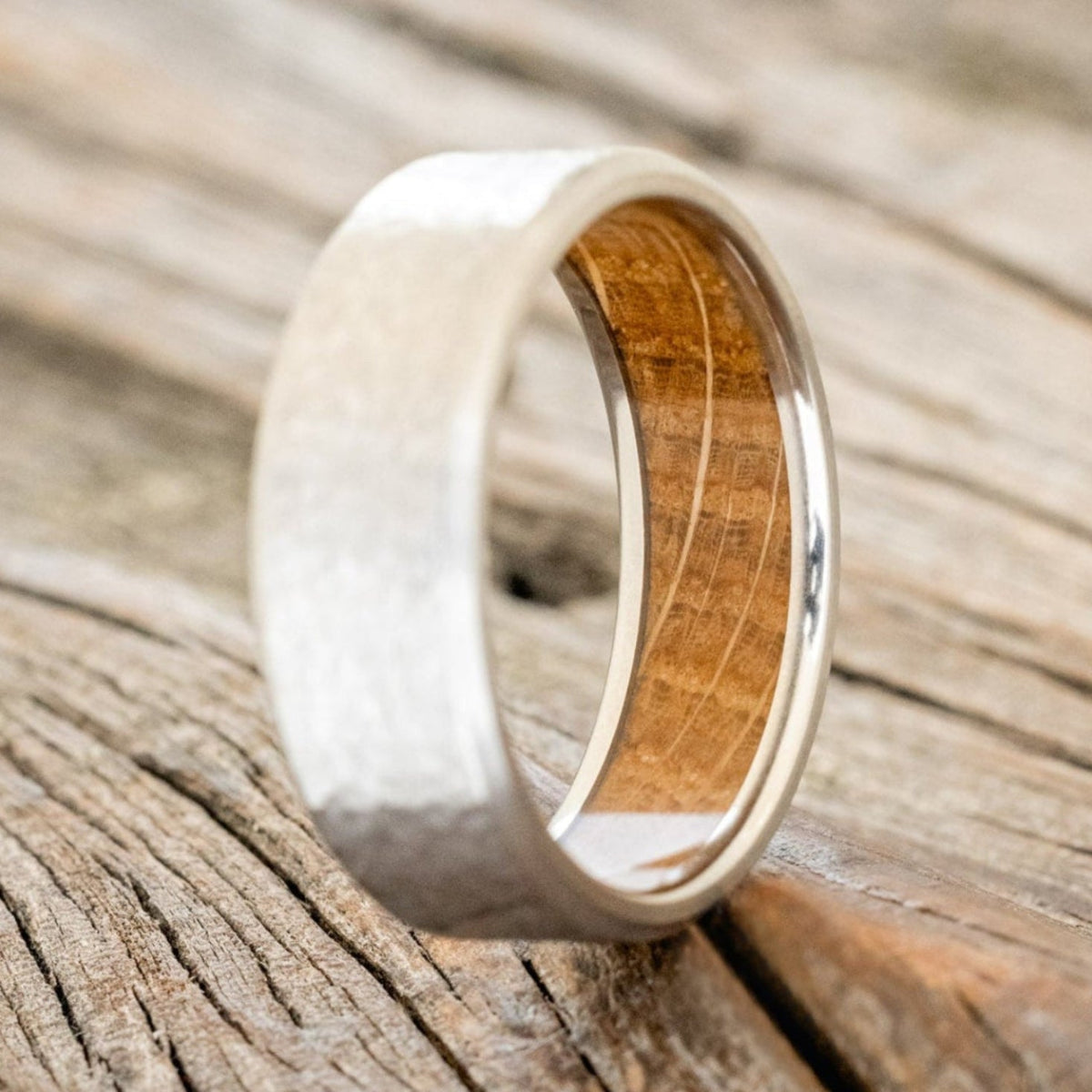 "Hyperion" - Whiskey Barrel Lined Wedding Band With Custom Finish