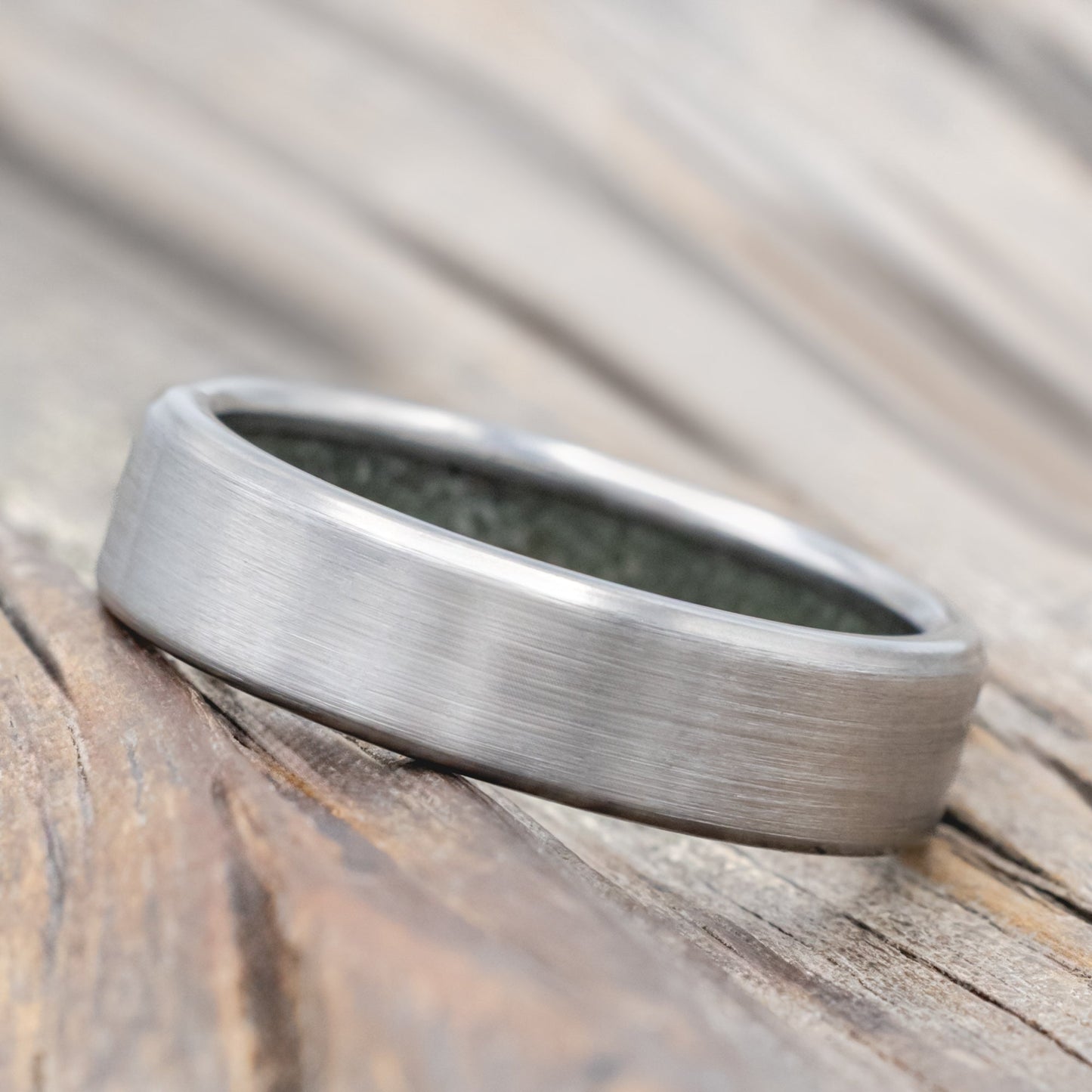"Hyperion" - Crushed Moss Agate Lined Wedding Band With Custom Finish