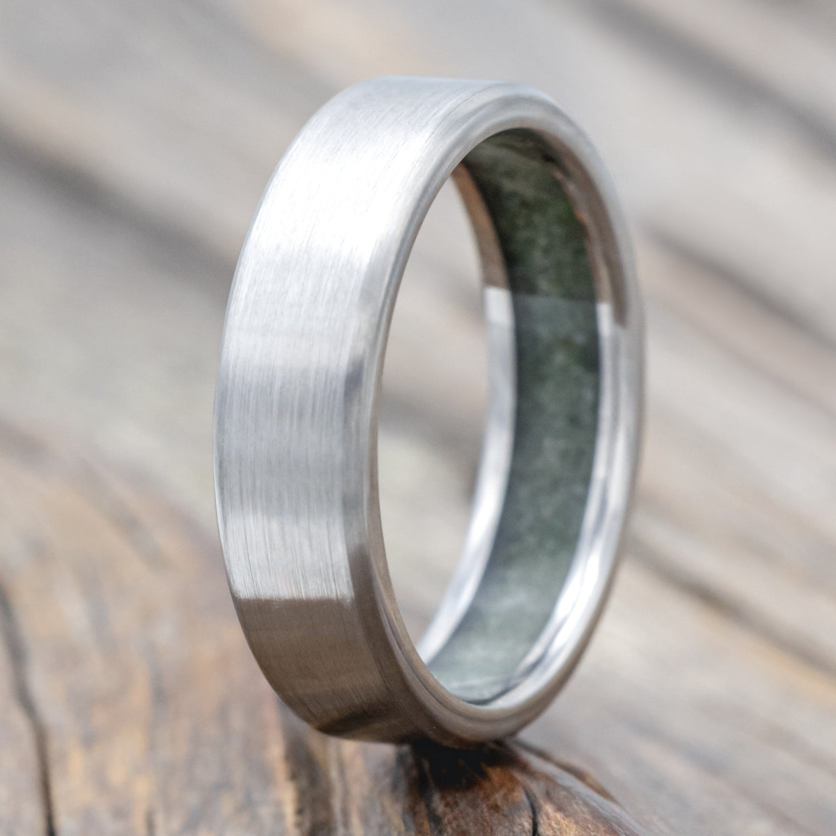 "Hyperion" - Crushed Moss Agate Lined Wedding Band With Custom Finish