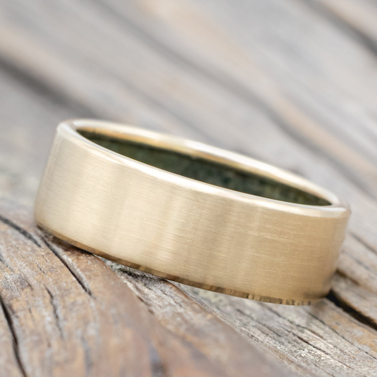 "Hyperion" - Crushed Moss Agate Lined Wedding Band With Custom Finish