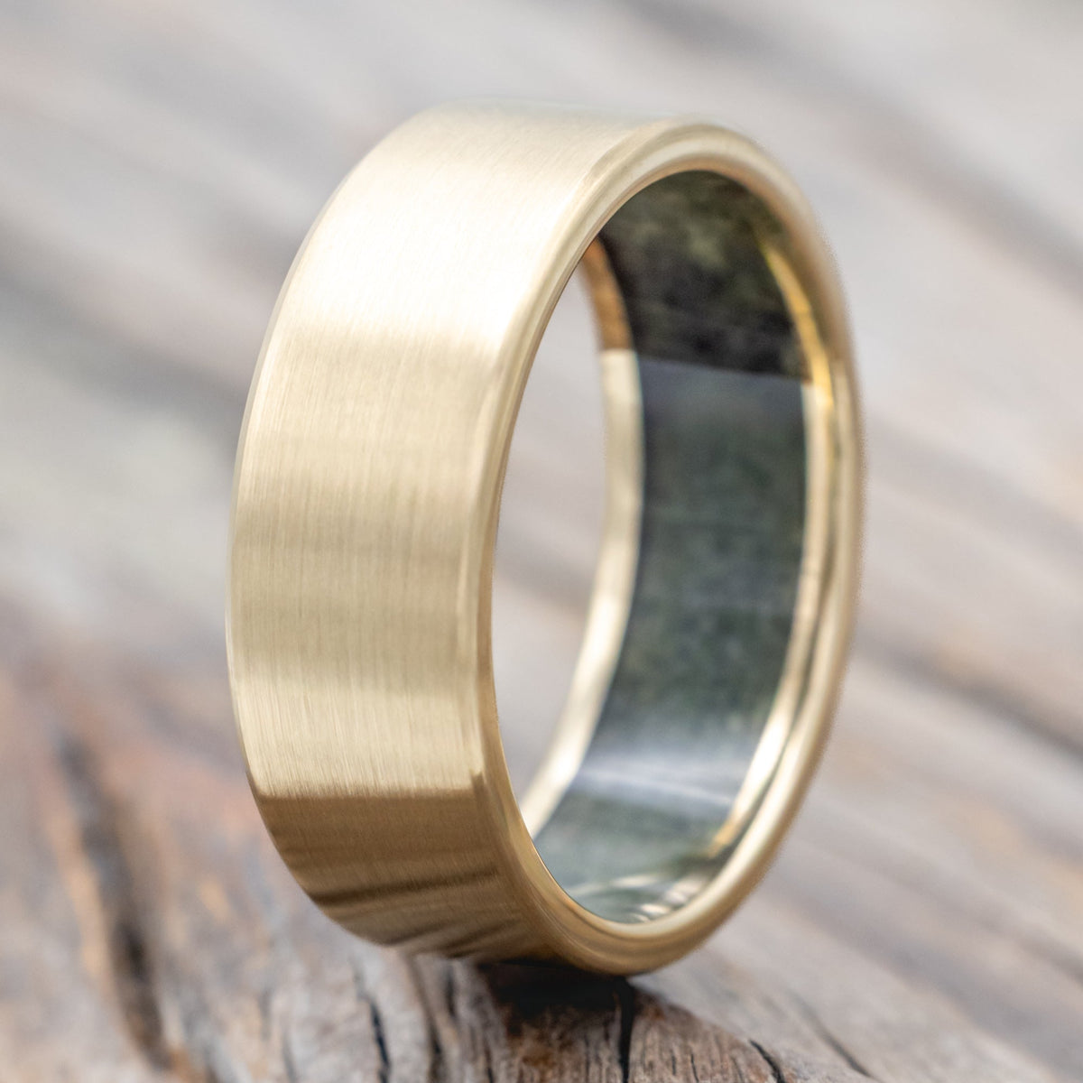 "Hyperion" - Crushed Moss Agate Lined Wedding Band With Custom Finish