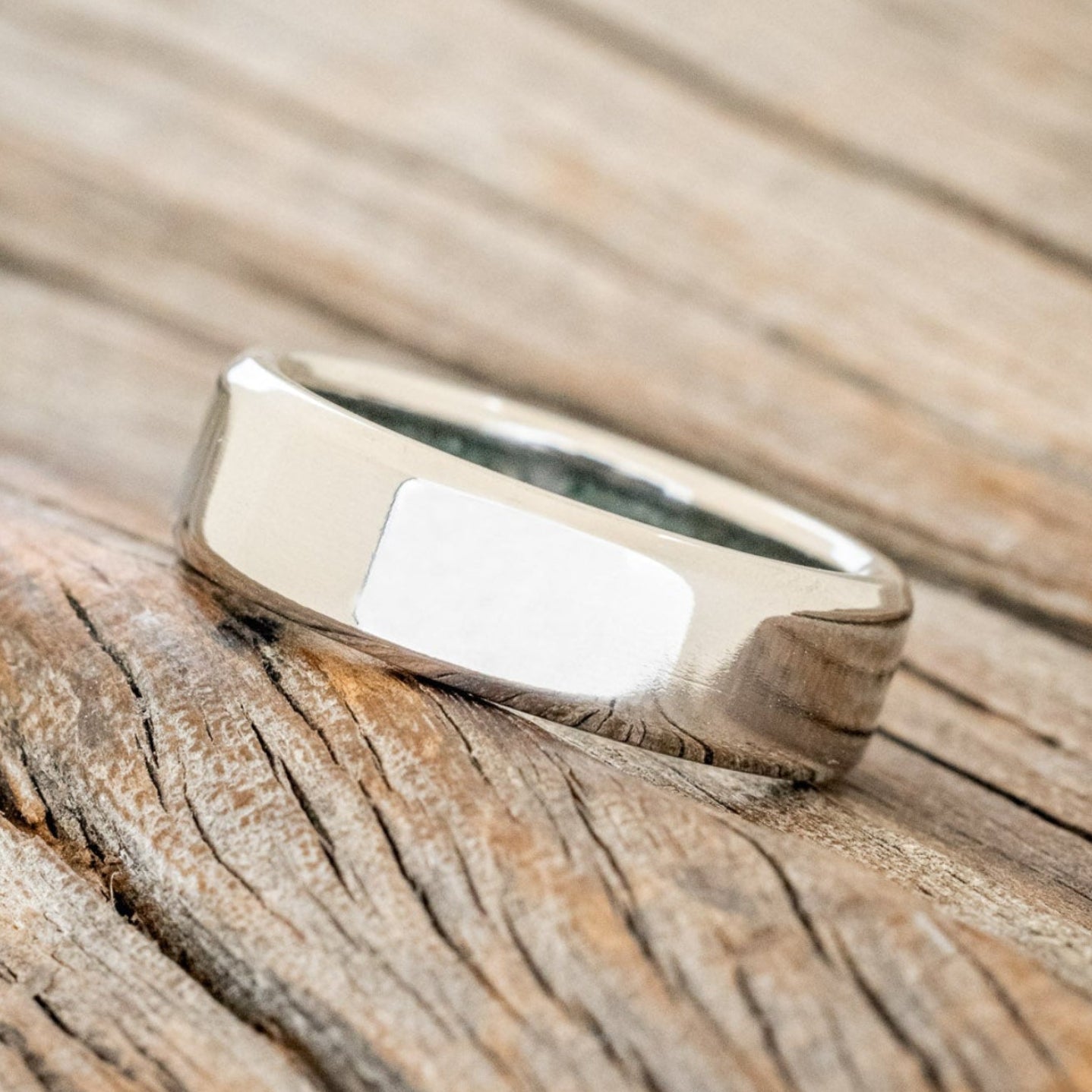 "Hyperion" - Crushed Moss Agate Lined Wedding Band With Custom Finish