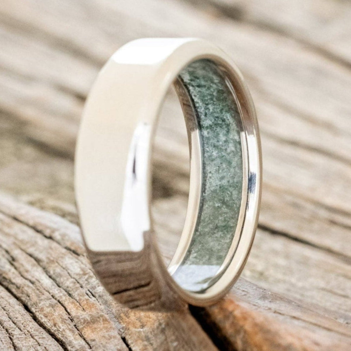 "Hyperion" - Crushed Moss Agate Lined Wedding Band With Custom Finish