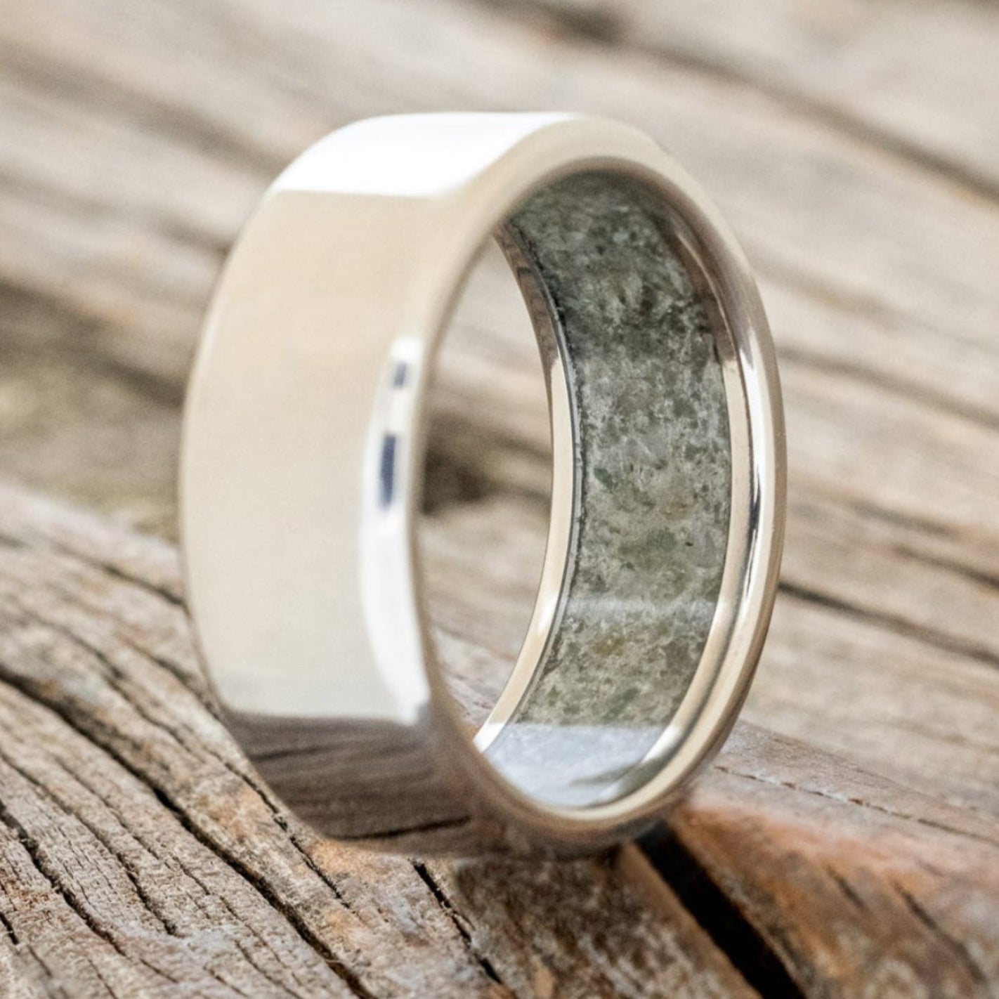 "Hyperion" - Crushed Moss Agate Lined Wedding Band With Custom Finish