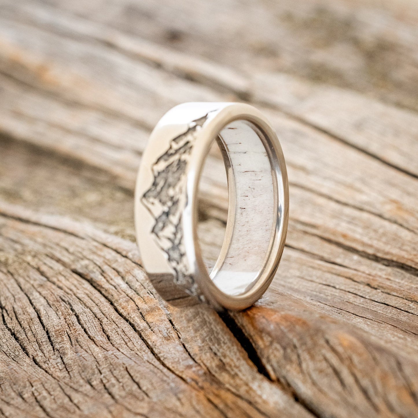 "Horizon" - Antler Lined Wedding Band - Titanium (8mm) - Size 7 3/4