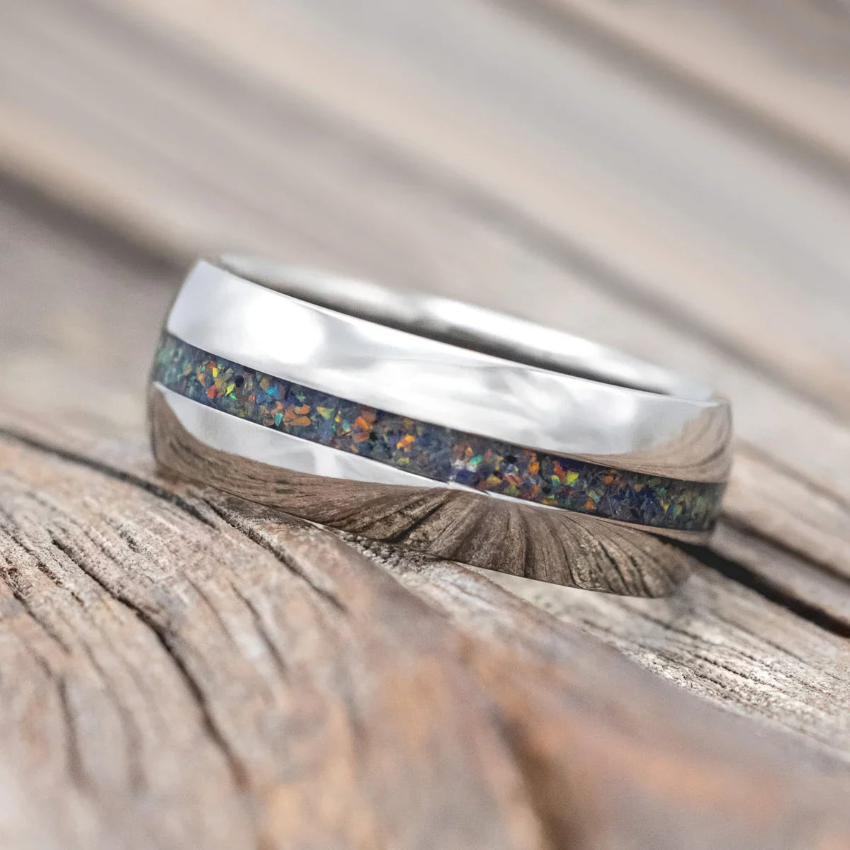 "Nirvana" - Domed Wedding Band With Black Fire Opal Inlay - Titanium (6mm) - Size 8