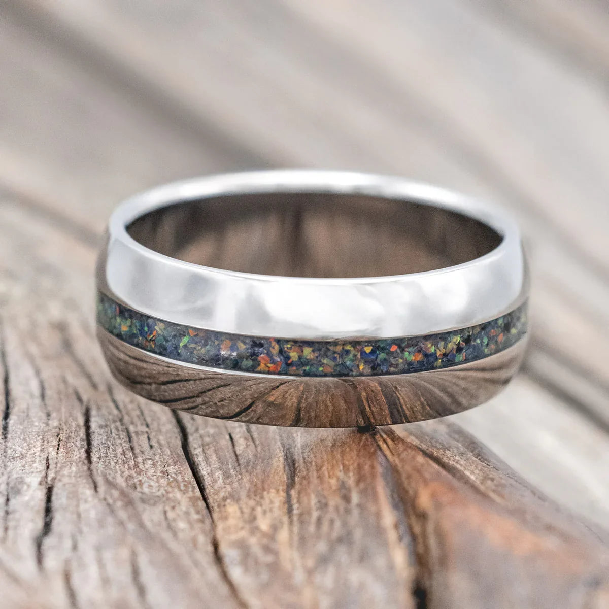 "Nirvana" - Domed Wedding Band With Black Fire Opal Inlay - Titanium (6mm) - Size 8