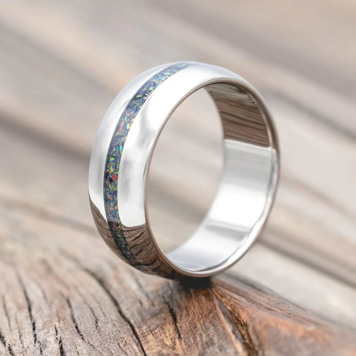 "Nirvana" - Domed Wedding Band With Black Fire Opal Inlay - Titanium (6mm) - Size 8