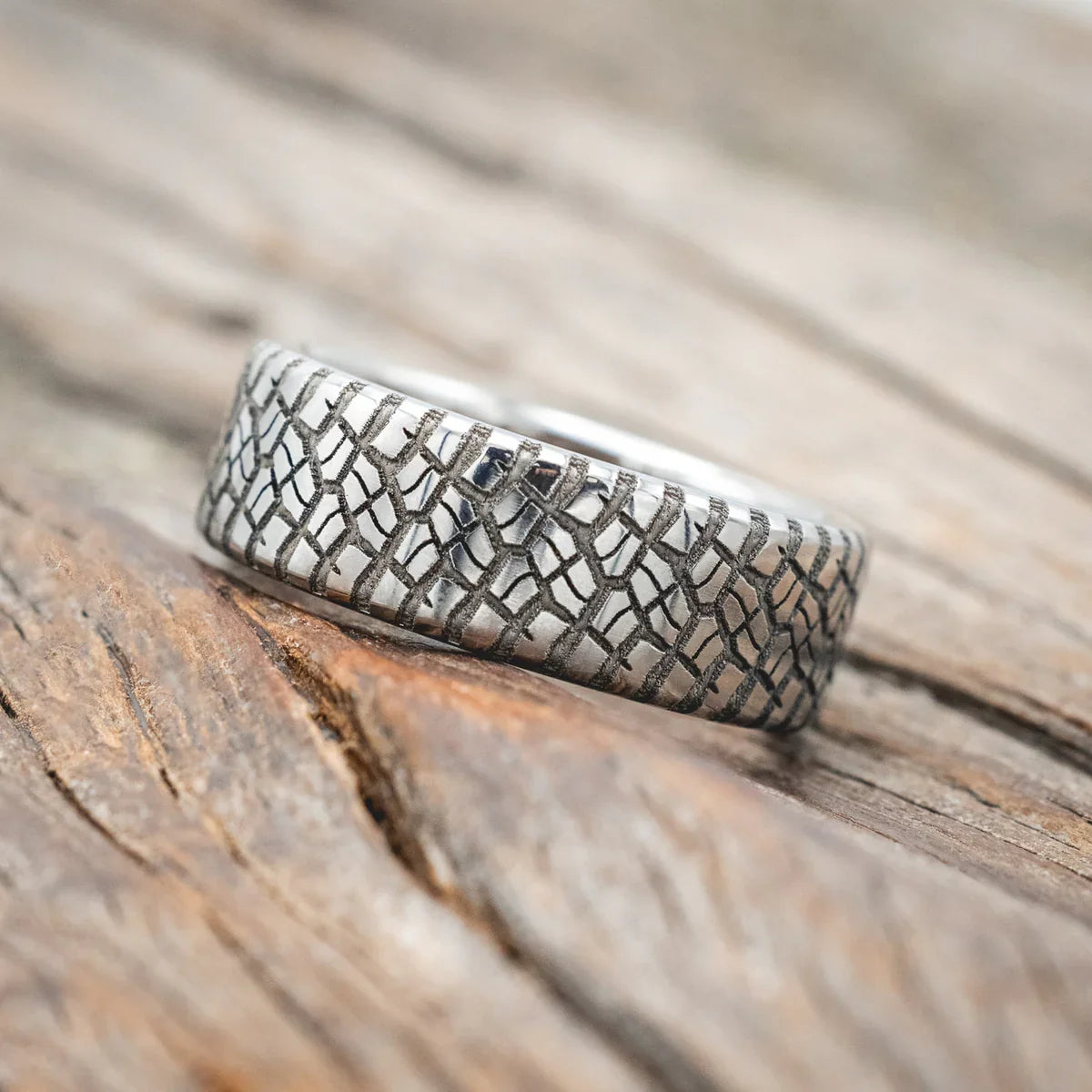 "Parcel" - Custom Embossed Tire Tread Wedding Ring With A Whiskey Barrel Lining - Titanium (8mm) - Size 9 1/2