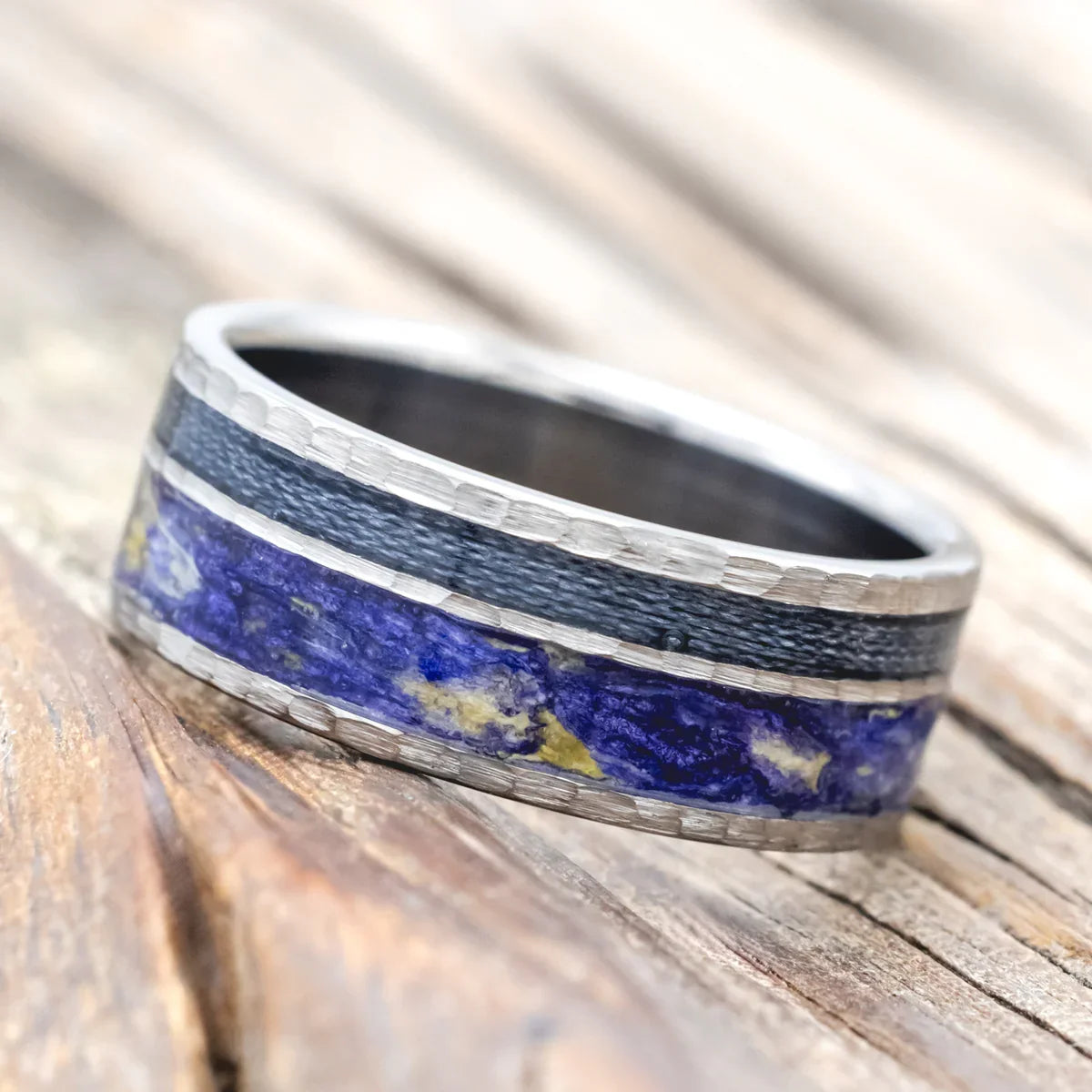 "Raptor" - Bluebell Petals & Grey Fishing Line Inlay Wedding Ring Featuring a Hammered Finish - Titanium (8mm) - Size 10