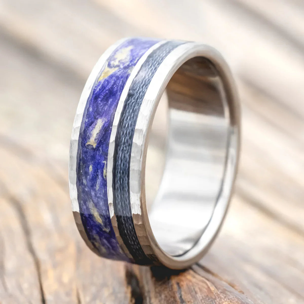 "Raptor" - Bluebell Petals & Grey Fishing Line Inlay Wedding Ring Featuring a Hammered Finish - Titanium (8mm) - Size 10