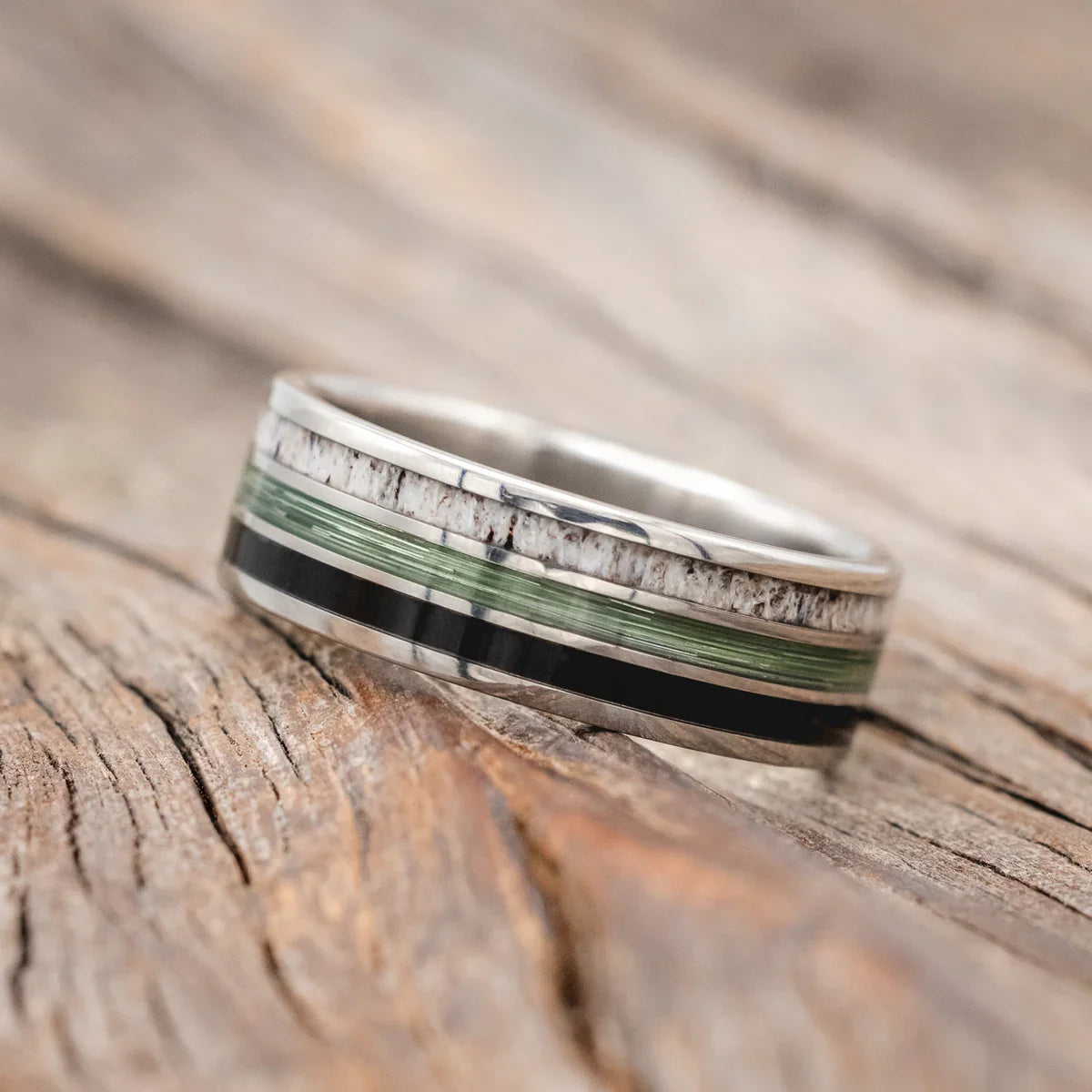 "Rio" - Antler, Green Mono Fishing Line, And Whiskey Barrel Oak Wedding Band - Titanium (8mm) - Size 12