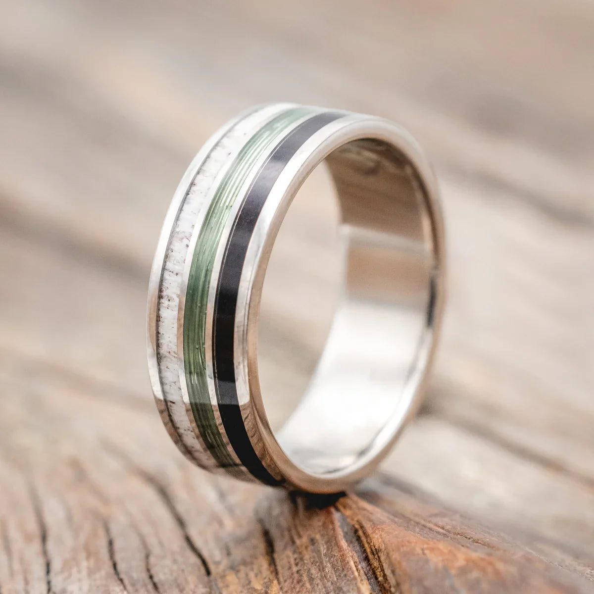 "Rio" - Antler, Green Mono Fishing Line, And Whiskey Barrel Oak Wedding Band - Titanium (8mm) - Size 12