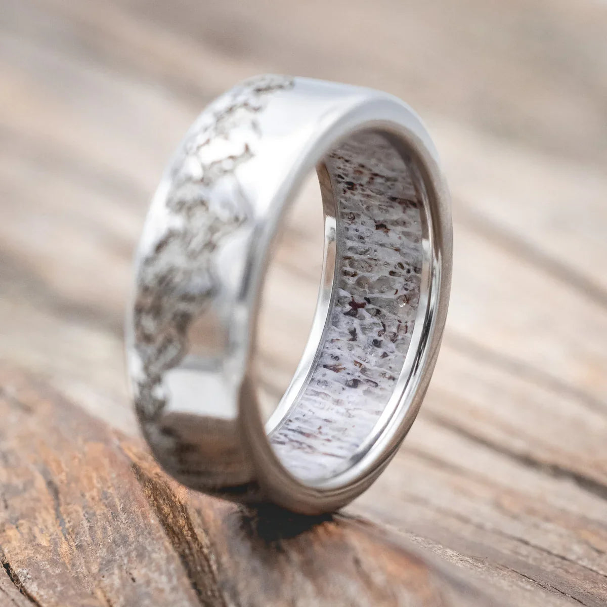 "Ross" - Mountain & Forest Engraved Wedding Band With Antler Lining - Titanium (8mm) - Size 9 3/4