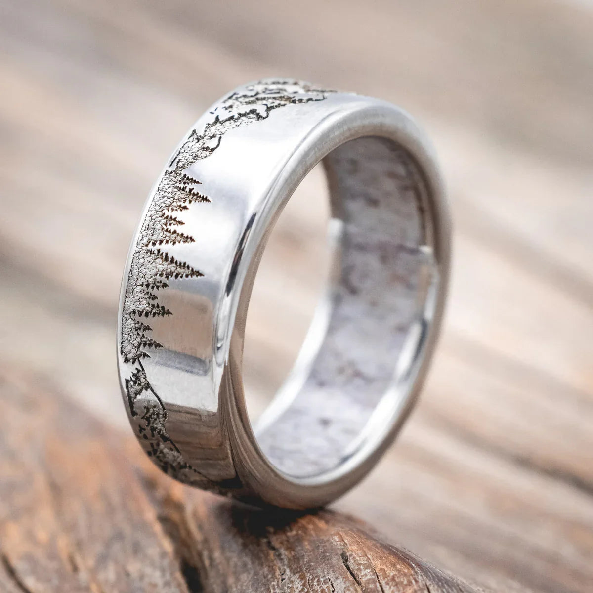 "Ross" - Mountain & Forest Engraved Wedding Band With Antler Lining - Titanium (8mm) - Size 9 3/4