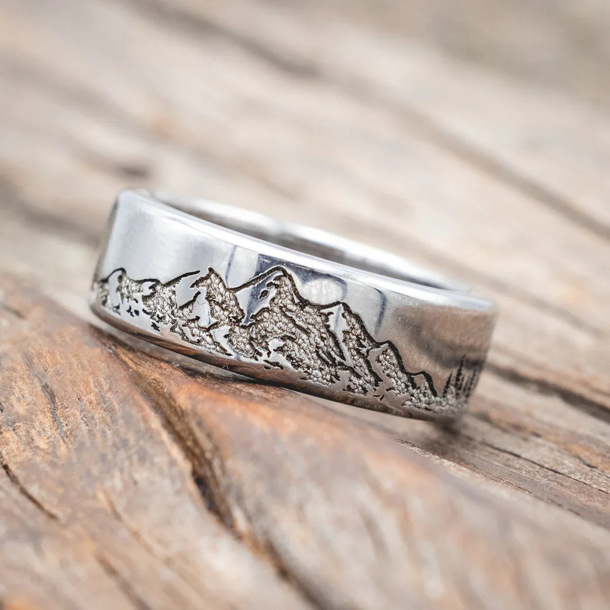 "Ross" - Mountain & Forest Engraved Wedding Band With Antler Lining - Titanium (8mm) - Size 9 3/4