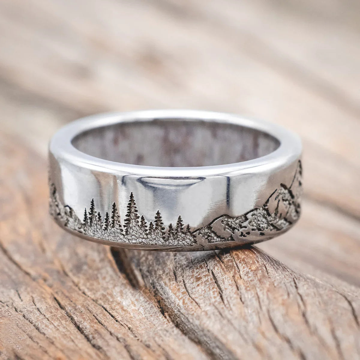 "Ross" - Mountain & Forest Engraved Wedding Band With Antler Lining - Titanium (8mm) - Size 9 3/4