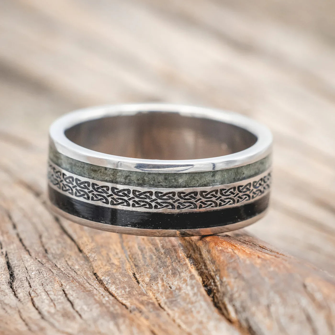 "Ryder" - Celtic Love Knot Engraved Band With Crushed Moss Agate & Jet Stone Inlays - Titanium (8mm) - Size 8