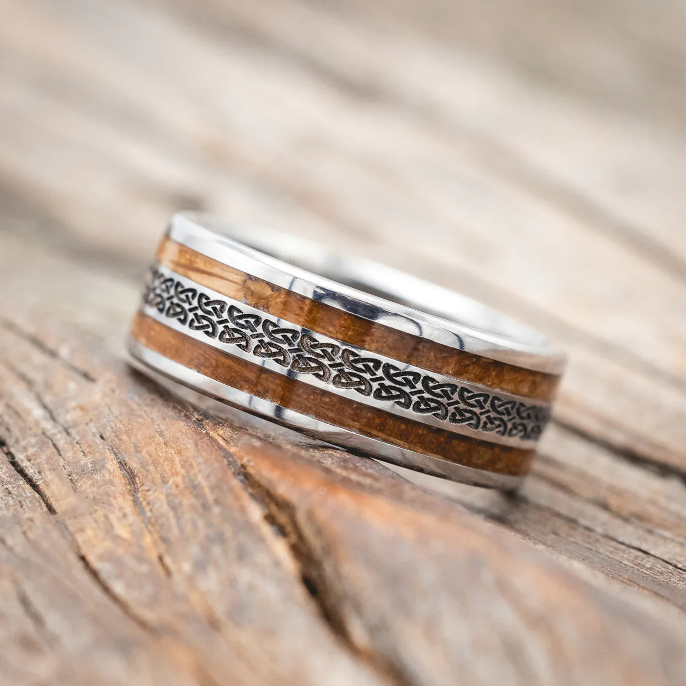 "Ryder" - Celtic Love Knot Engraved Whiskey Barrel Oak Wedding Ring - Titanium (8mm) - Size 10