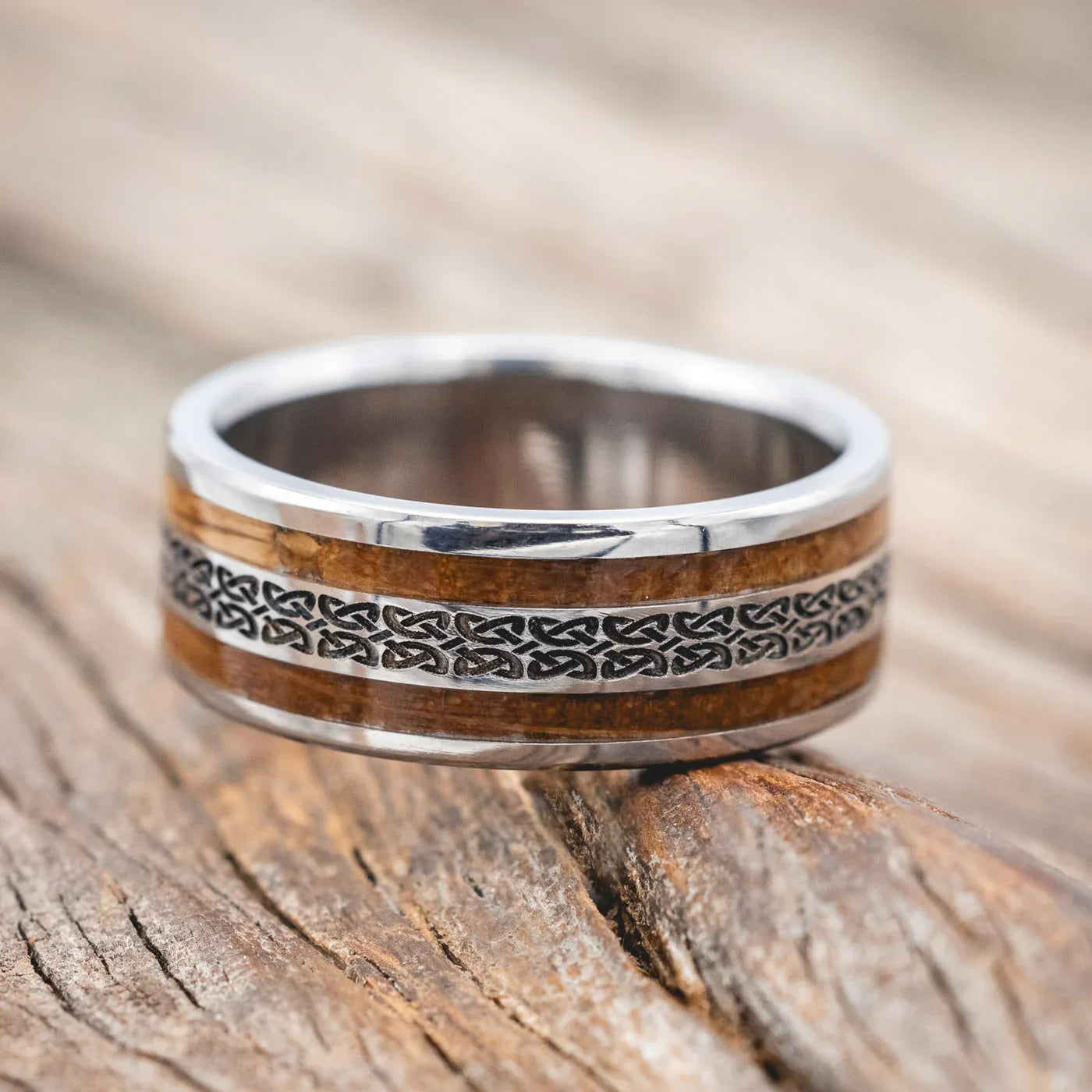 "Ryder" - Celtic Love Knot Engraved Whiskey Barrel Oak Wedding Ring - Titanium (8mm) - Size 10