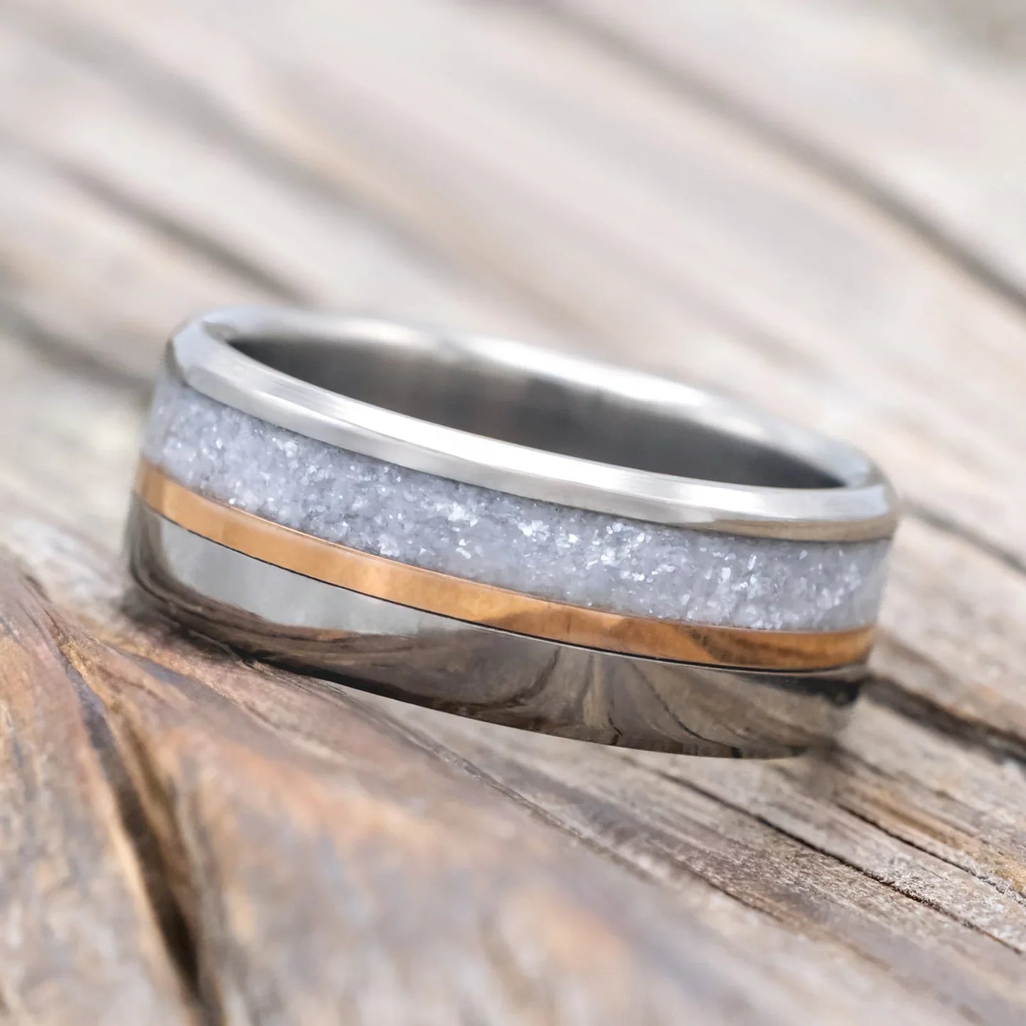 "Tanner" - Diamond Dust & 14K Rose Gold Inlay Wedding Band - Titanium (8mm) - Size 11