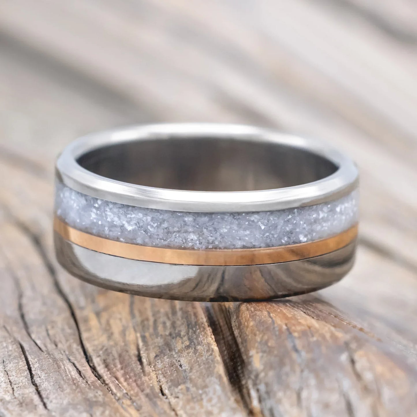 "Tanner" - Diamond Dust & 14K Rose Gold Inlay Wedding Band - Titanium (8mm) - Size 11