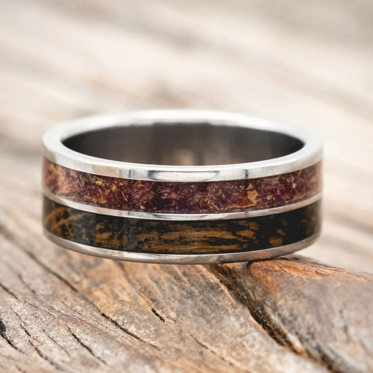 "Dyad" - Tattoo Ink, Rose Petals & Whiskey Barrel Oak Wedding Band  - Titanium (8mm) - Size 10
