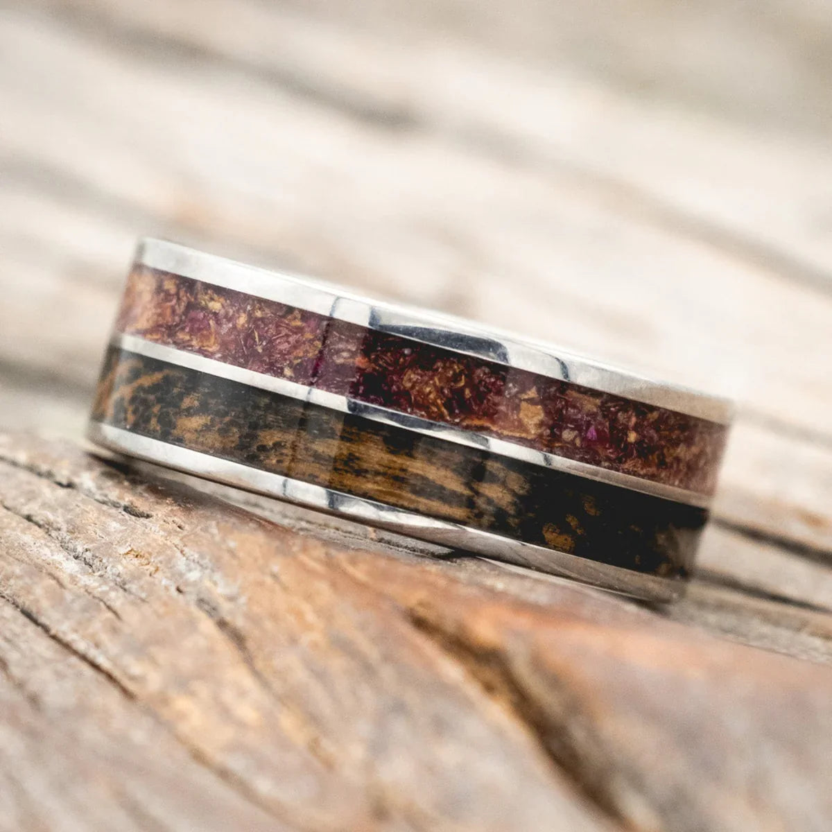 "Dyad" - Tattoo Ink, Rose Petals & Whiskey Barrel Oak Wedding Band  - 14K Rose Gold (8mm) - Size 11
