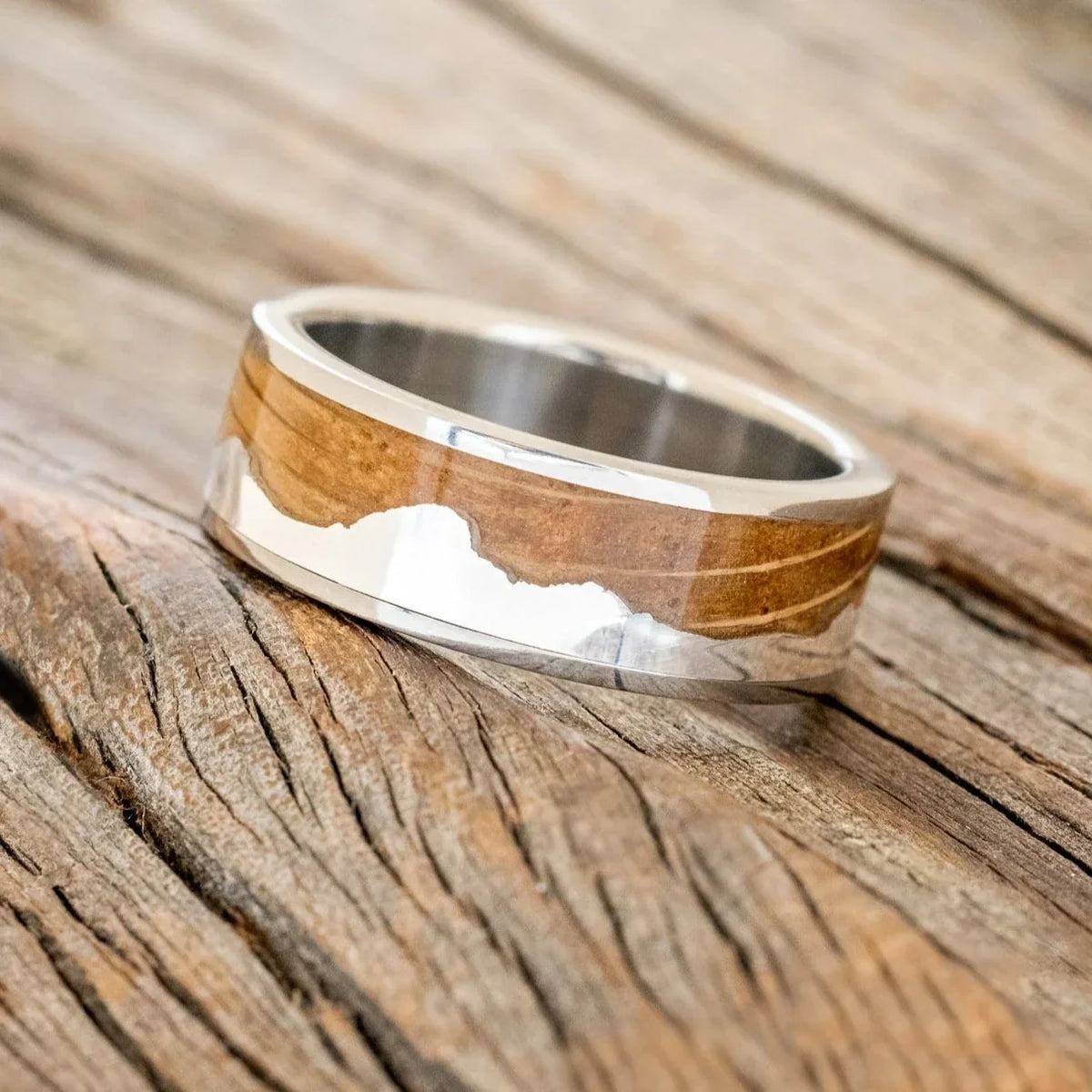 "Helios" - Whiskey Barrel Oak & Silver Teton Mountain Range Wedding Band - Titanium - Size 8 1/2