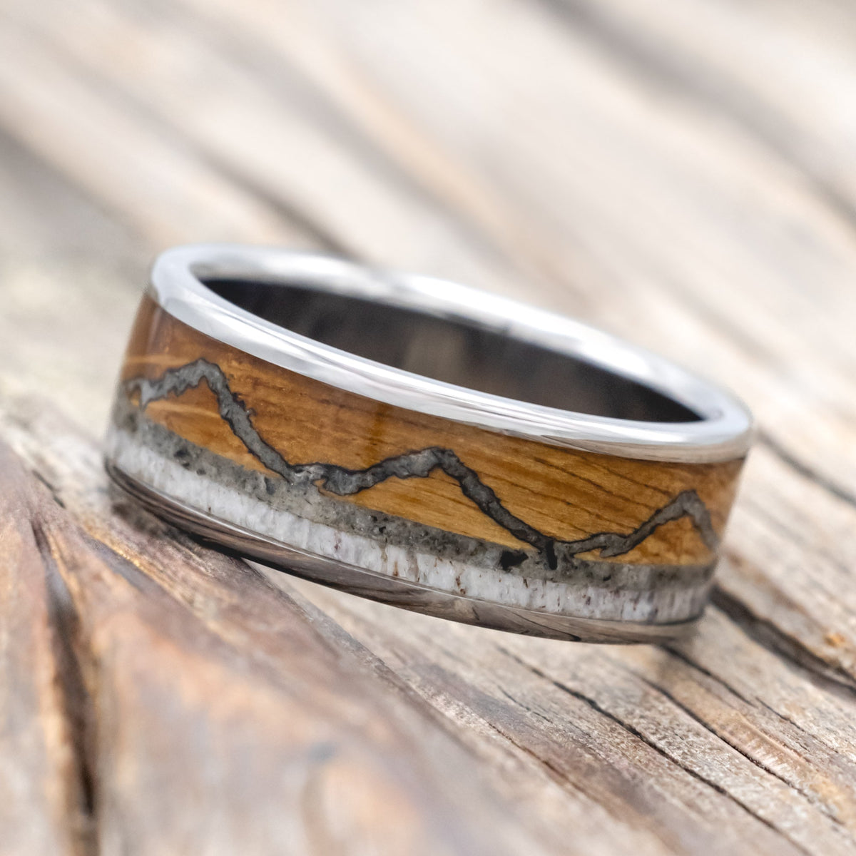 "The Expedition" - Mountain Engraved Wedding Ring With Whiskey Barrel Oak, Moonstone & Antler - Titanium (8mm) - Size 9