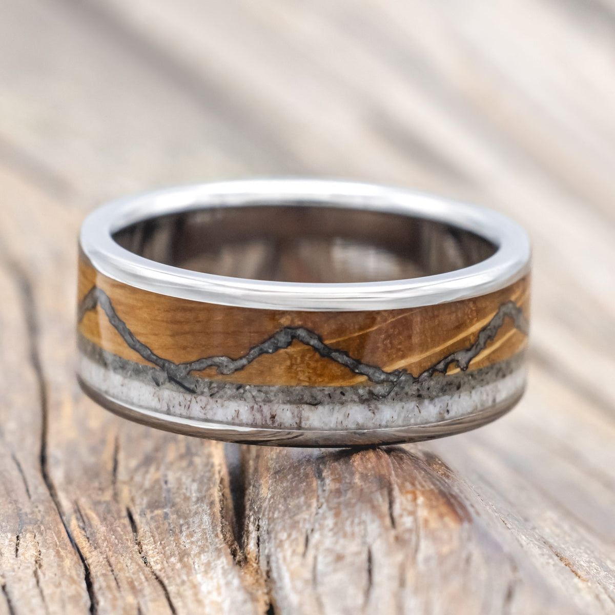 "The Expedition" - Mountain Engraved Wedding Ring With Whiskey Barrel Oak, Moonstone & Antler - Titanium (8mm) - Size 9