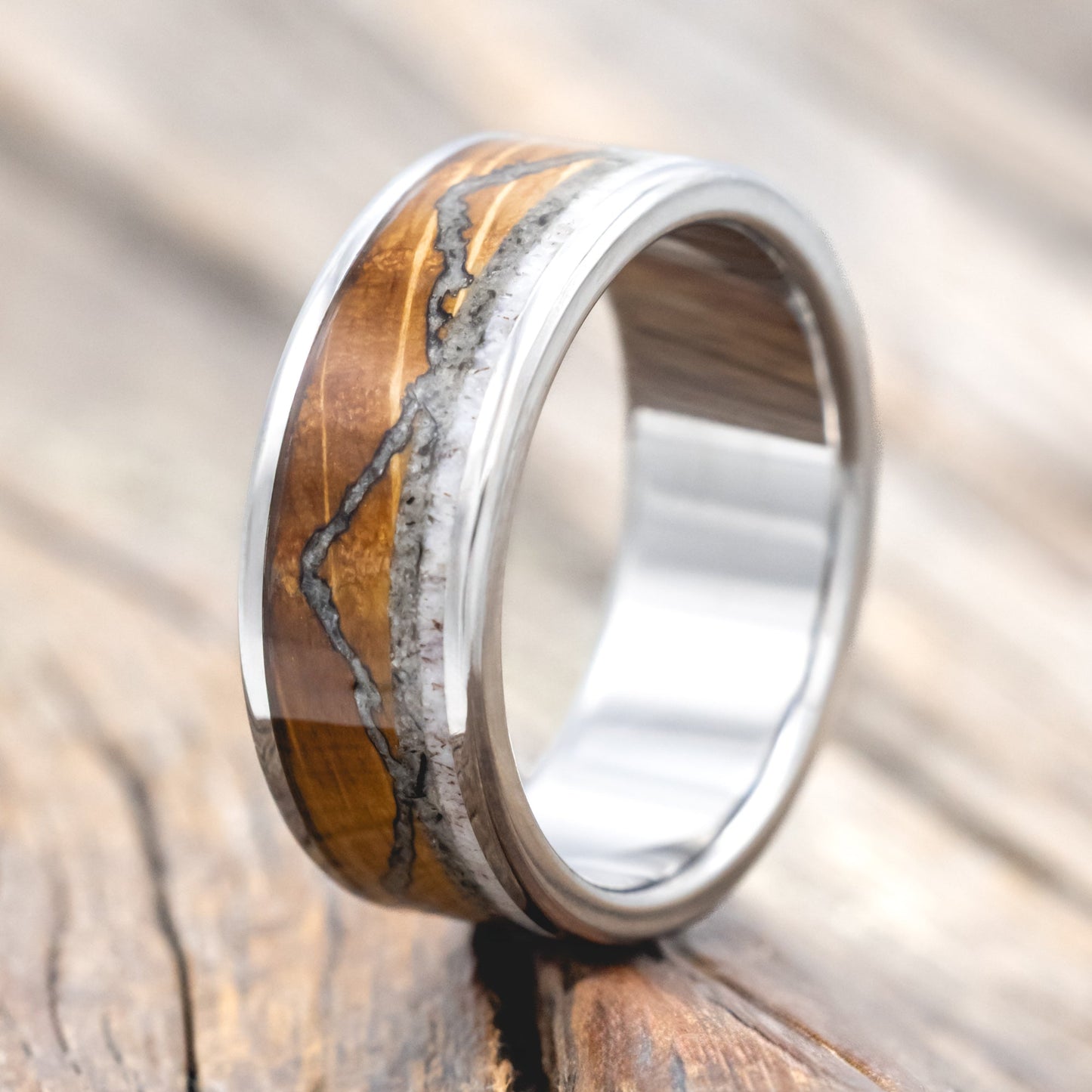 "The Expedition" - Mountain Engraved Wedding Ring With Whiskey Barrel Oak, Moonstone & Antler - Titanium (8mm) - Size 9