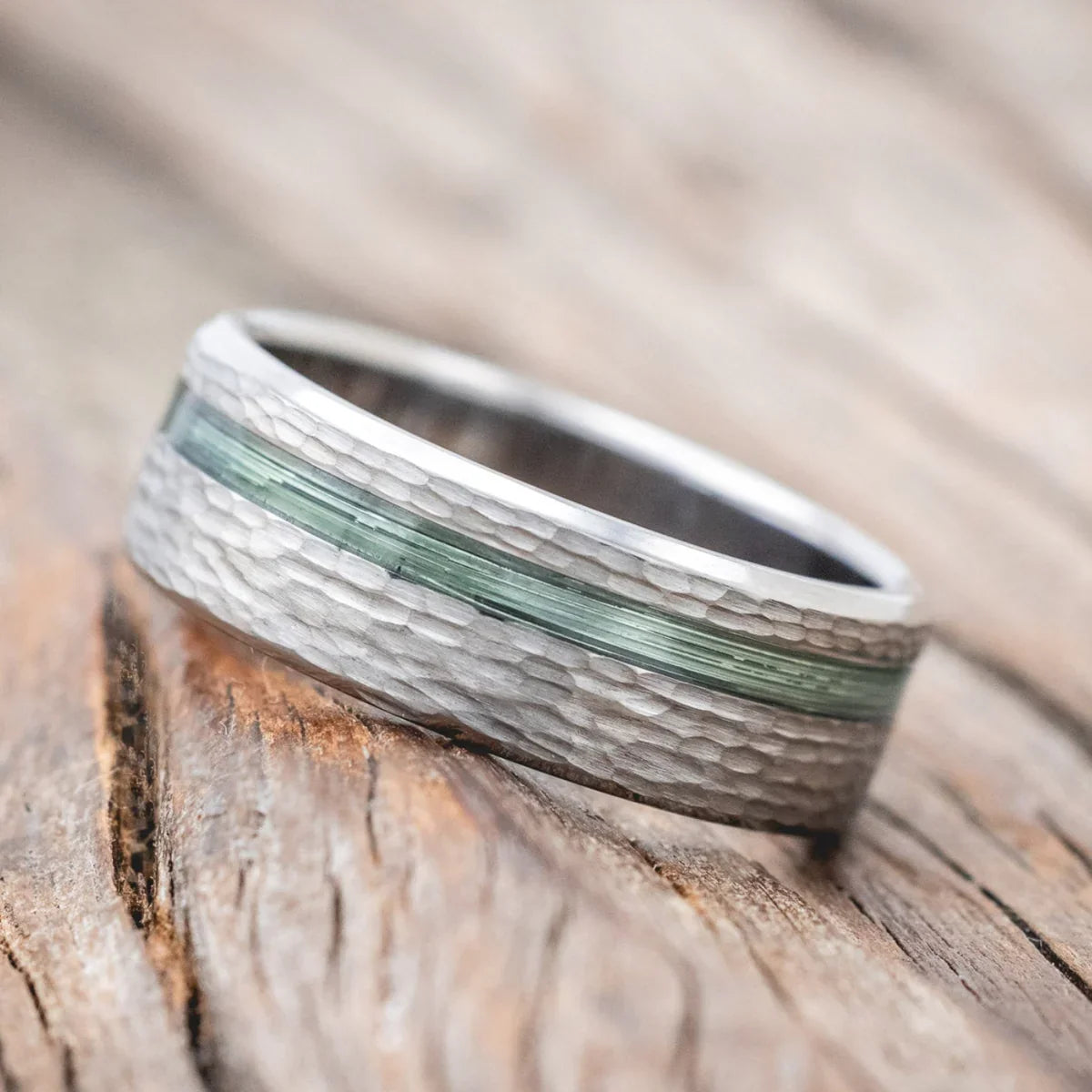 "Vertigo" - Fishing Line Inlay Wedding Band Featuring a Hammered Finish - Titanium (8mm) - Size 10 1/2