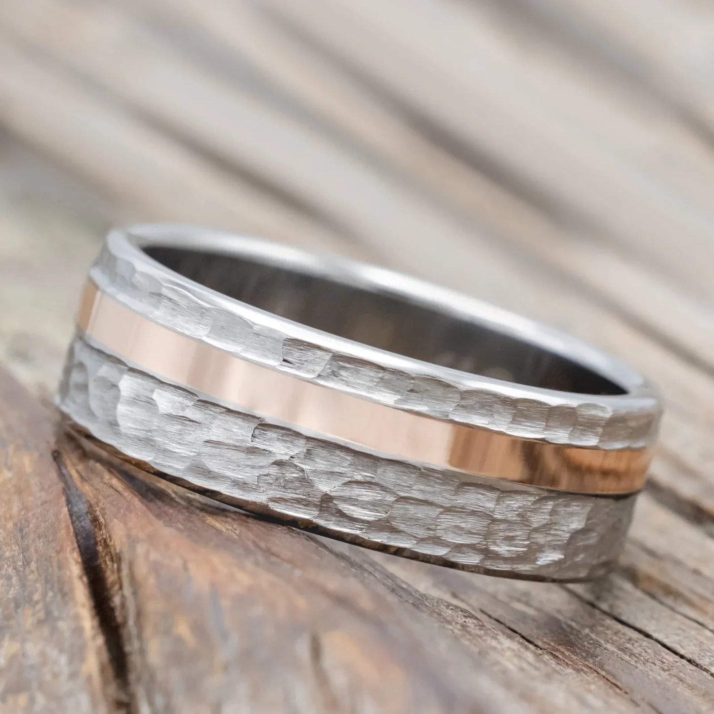 "Vertigo" - 14K Rose Gold Inlay Wedding Ring Featuring A Hammered Finish - Titanium (8mm) - Size 11 1/2