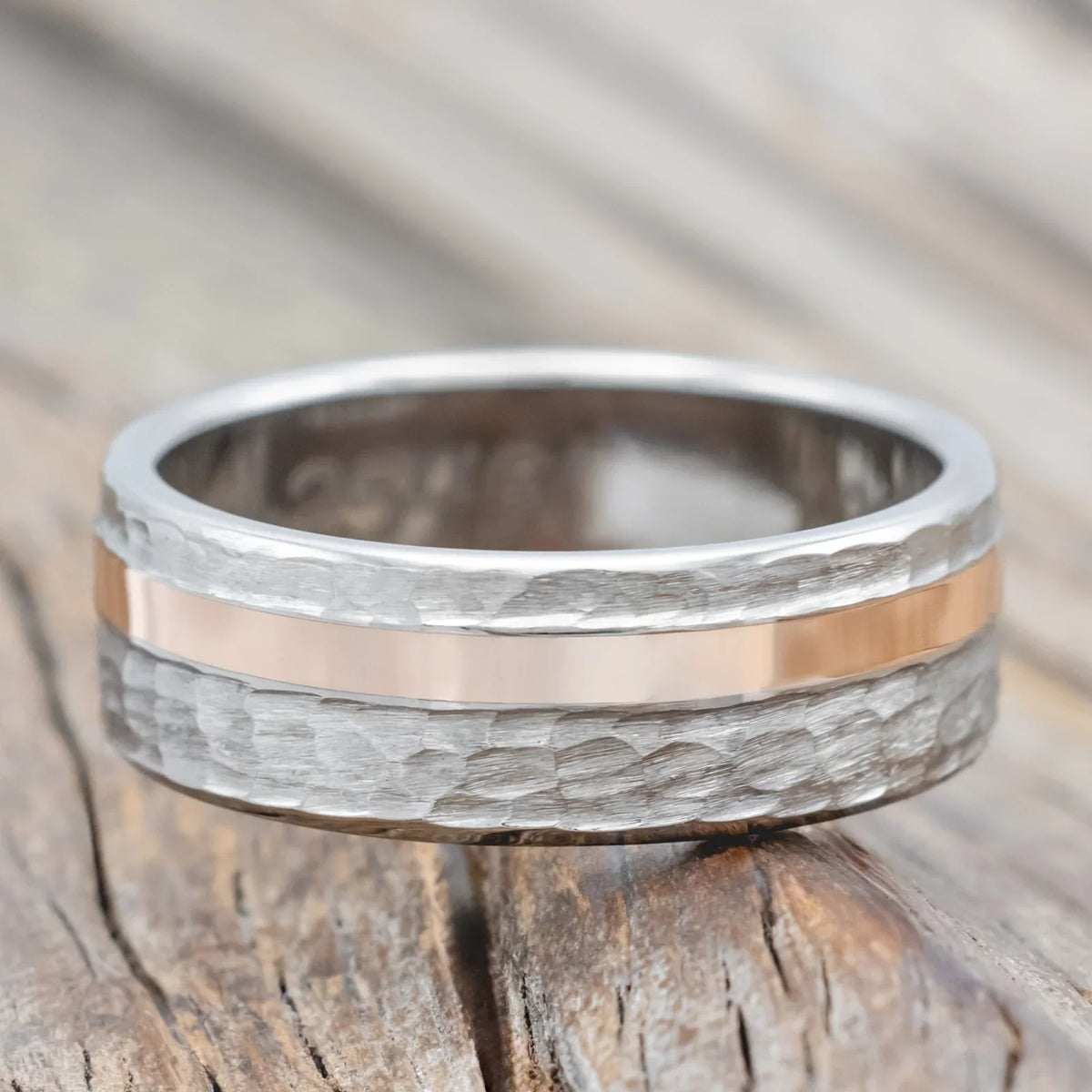 "Vertigo" - 14K Rose Gold Inlay Wedding Ring Featuring A Hammered Finish - Titanium (8mm) - Size 11 1/2
