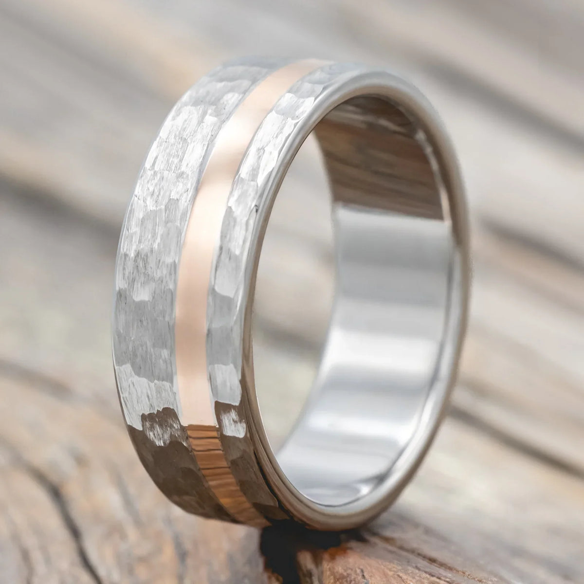 "Vertigo" - 14K Rose Gold Inlay Wedding Ring Featuring A Hammered Finish - Titanium (8mm) - Size 11 1/2