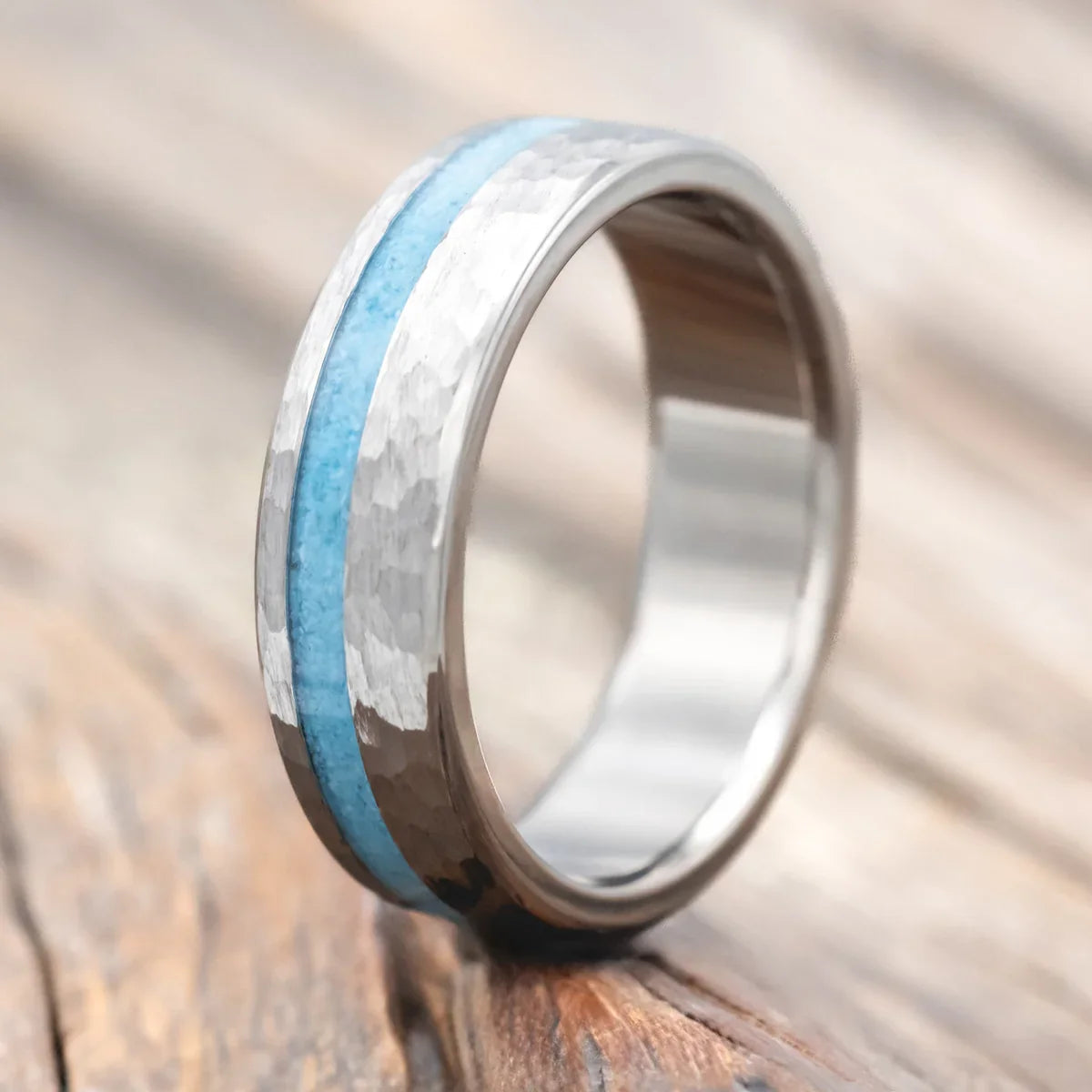 "Vertigo" - Turquoise Inlay Wedding Band Featuring a Hammered Finish - Titanium (6mm) - Size 7 1/2