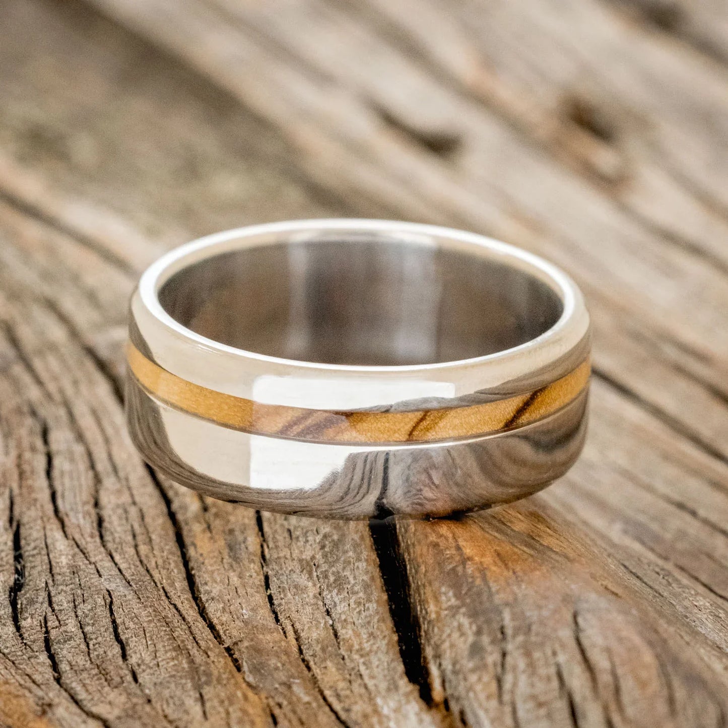 "Vertigo" - Bethlehem Olive Wood Wedding Band - Titanium (8mm) - Size 9 1/4