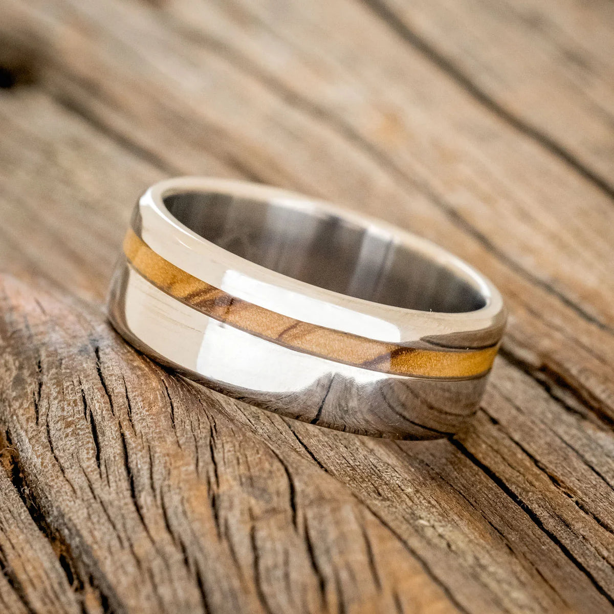 "Vertigo" - Bethlehem Olive Wood Wedding Band - Titanium (8mm) - Size 9 1/4