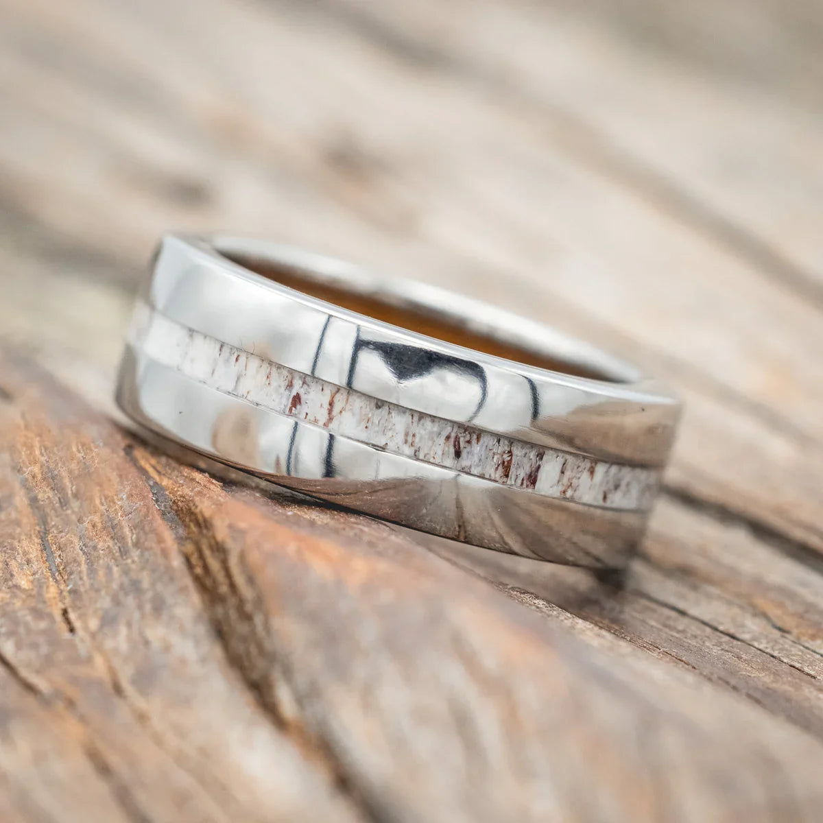 "Nirvana" - Antler Wedding Ring Featuring A Whiskey Barrel Lined Band - Titanium (8mm) - Size 10